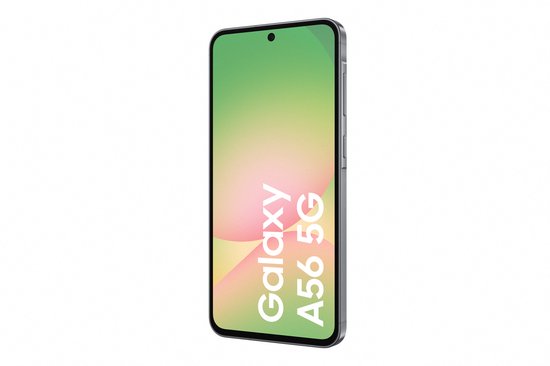 Samsung Galaxy A56 5G gris, vue de trois quarts avant, avec un écran dégradé.