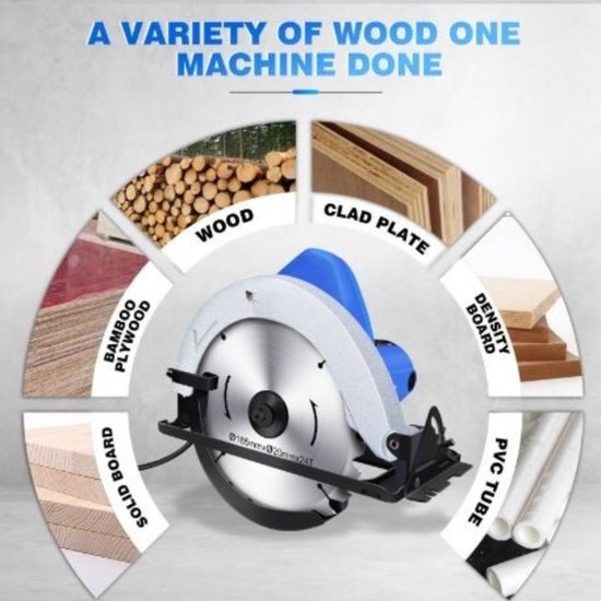 Scie circulaire 1500W Ravon - Rail rotatif électrique 5000RPM - Guide laser - Angle de biseau 0-45° - Lame de scie 180mm - Profondeur de coupe 55mm
