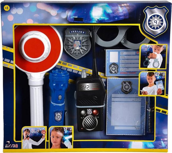 Foto: Klein toys politieagent rugzak 28x25x85 cm incl accessoires verstelbare riemen en een grote opening voor het makkelijk pakken en opbergen blauw geel