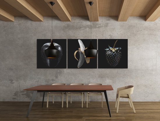 Peintures triptyques de fruits – Or et Zwart – Décoration murale sur toile en 3 parties – Art fruitier pour Cuisine et salon – 3x30x30 cm