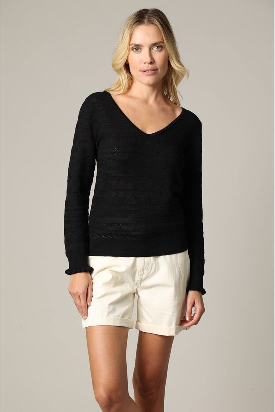Fisoew Dames V-hals gebreide trui lange mouwen geribbelde trui lichte gehaakte trui casual sweater, zwart, M