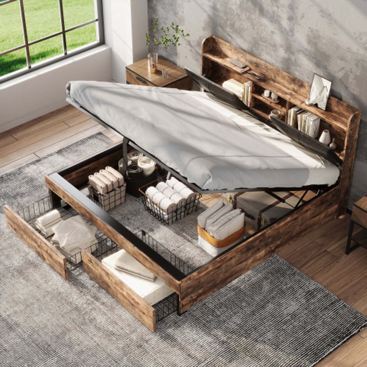 Metalen bed, 140 x 200 cm, hydraulisch bed, jeugdbedden, tweepersoonsbed, met opberghoofdeinde en metalen lattenbodem, zonder matras, voor volwassenen, kinderen, tieners