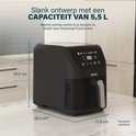 Zwarte Princess heteluchtfriteuse met digitaal display. Afmetingen 39,9 x 28,2 x 22,8 cm. De tekst 'Slank ontwerp met een capaciteit van 5,5 L' staat erboven.