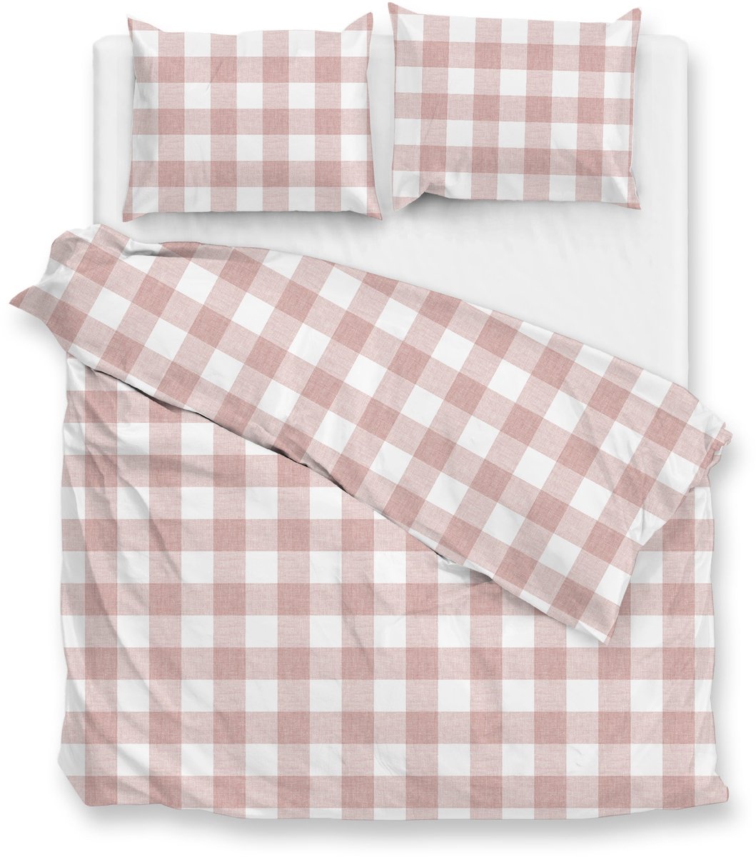 Zohome Dekbedovertrek Quattro-di-Lino - Bedlinnen met Ruiten - 260x220 - Roze - Dekbedhoes van 100% Katoen