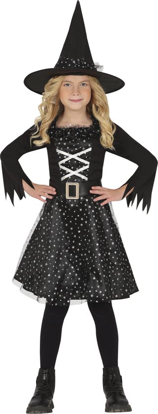 Fiestas Guirca Heksen verkleed kostuum Dolly - 3-delig - zwart/zilver sterren - voor meisjes - Halloween 110/116