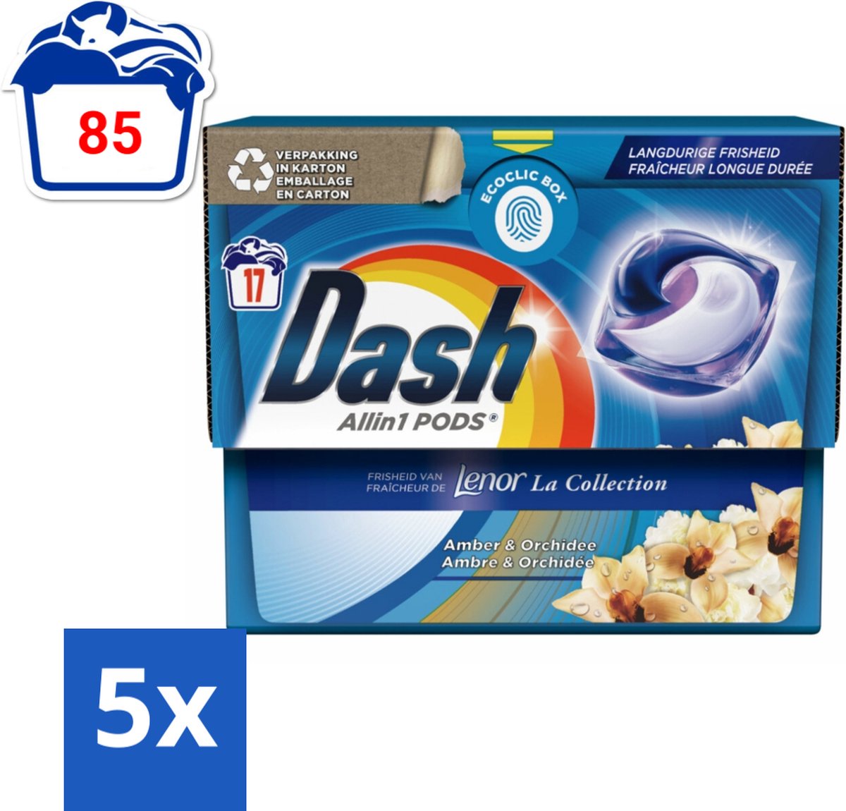 Dash - Lenor Collectie - Wasmiddel Capsules - All-in-1 Pods - Witte en Gekleurde Was - Amber & Orchidee - 17 Wasbeurten - Bulkverpakking - 5 stuks