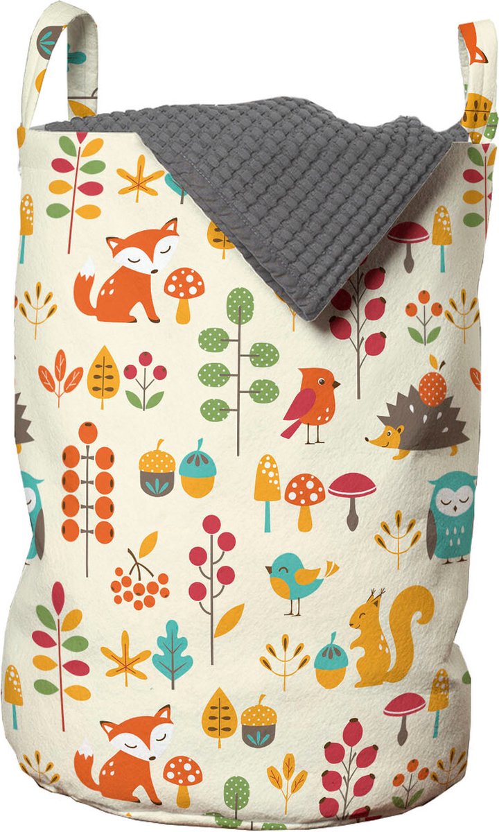 New Bed, Wasmand Kinderen Cartoon Uil Vos Eekhoorn Vogels, Opbergmand Kinderkamer met Herfst Bosdieren Patroon met Handvatten en Koordsluiting, Speelgoedmand kinderen - Speelgoedkist - Wasbox - 33 x 48 cm