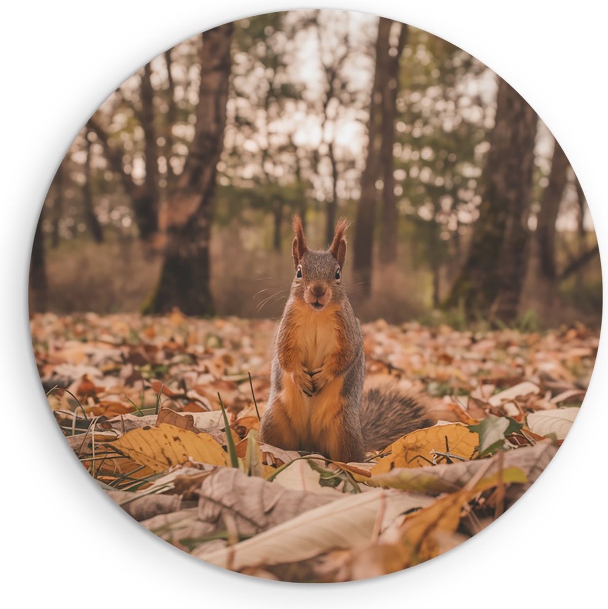 Saammp Forex Muurcirkel - Eekhoorn tussen de bladeren - Natuur - Dieren - Ø 40 - Wandcirkel - Wanddecoratie Cirkel - Muurdecoratie Woonkamer - Slaapkamer decoratie - Rond Schilderij