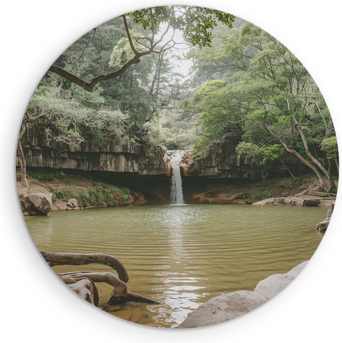 Saammp Muurcirkel Hout - Kleine waterval in de jungle - Landschap - Natuur - Ø 60 - Wandcirkel - Wanddecoratie Cirkel - Muurdecoratie Woonkamer - Slaapkamer decoratie - Rond Schilderij
