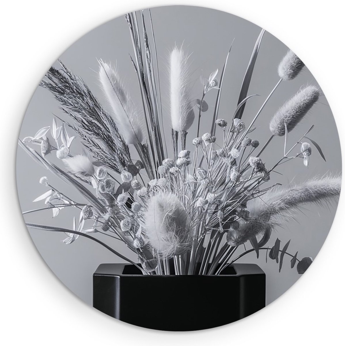 Saammp Muurcirkel Hout - Zwart - wit - bloemen - Natuur - Ø 50 - Wandcirkel - Wanddecoratie Cirkel - Muurdecoratie Woonkamer - Kantoor Decoratie