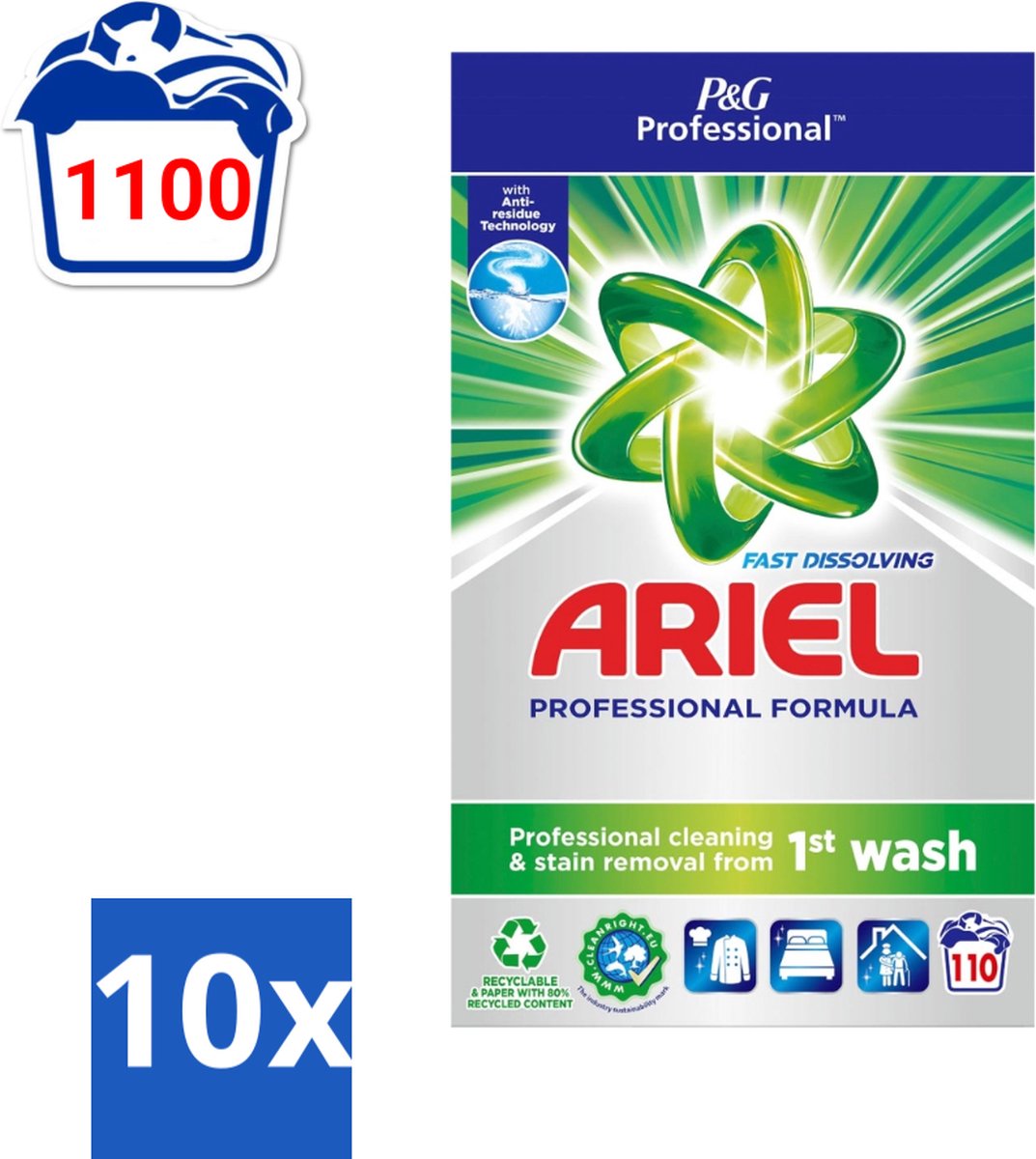 10 x Ariel Actilift - Waspoeder en Vlekverwijderaar - Witte en Lichtgekleurde Was - 110 Wasbeurten - Waspoeder - Was - Vlekverwijderaar - Witte Was - Lichtgekleurde Was