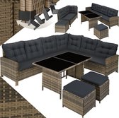 tectake® - wicker loungeset, tuinmeubelset met bank, kruk + tafel, balkonmeubel buiten, 5-delige zitgroep, inclusief zit- en rugkussens, ideaal voor tuin, terras, balkon - natuur met donkergrijze kussens