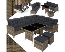 tectake® - wicker loungeset, tuinmeubelset met bank, kruk + tafel, balkonmeubel buiten, 5-delige zitgroep, inclusief zit- en rugkussens, ideaal voor tuin, terras, balkon - natuur met donkergrijze kussens