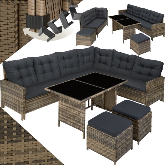 tectake® - wicker loungeset, tuinmeubelset met bank, kruk + tafel, balkonmeubel buiten, 5-delige zitgroep, inclusief zit- en rugkussens, ideaal voor tuin, terras, balkon - natuur met donkergrijze kussens