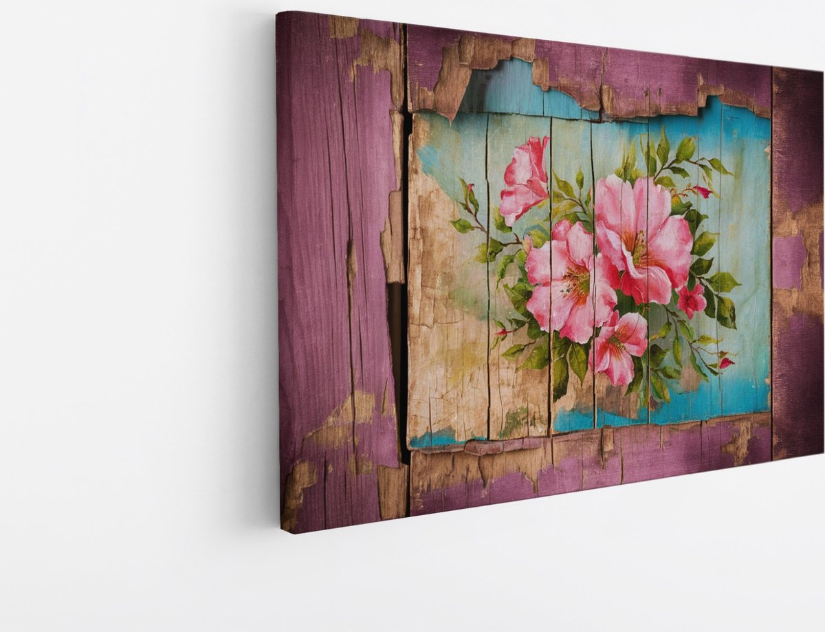 Saammp Canvas Schilderij - Bloemen op hout - Roze - Abstract - 70x50 - Foto op canvas - Wanddecoratie - Muurdecoratie Woonkamer - Kantoor Decoratie Multicolor
