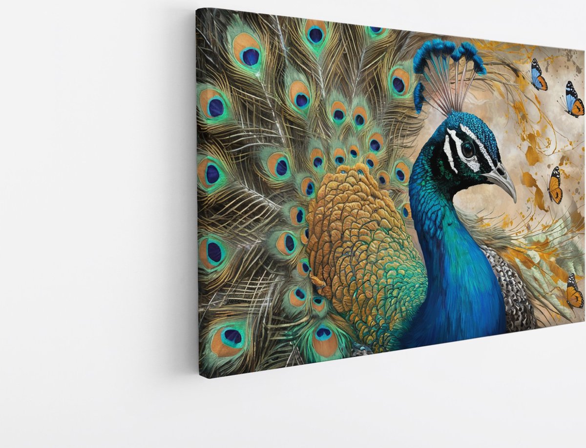 Saammp Canvas Schilderij - Pauw met vlinders - Dieren - Natuur - 60x40 - Foto op canvas - Wanddecoratie - muurdecoratie Woonkamer - Slaapkamer decoratie - Canvas Print Multicolor