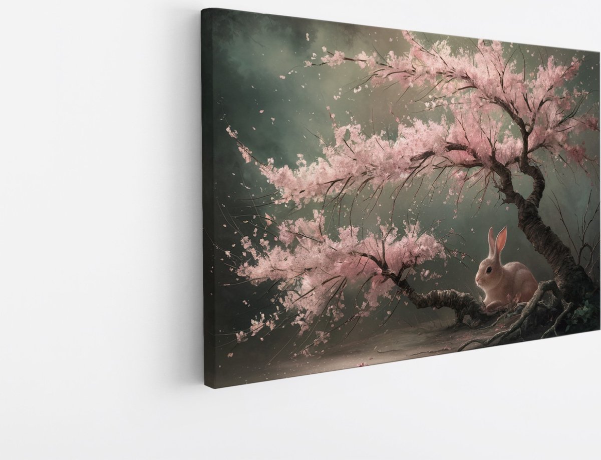 Saammp Canvas Schilderij - Haas bij roze boom - Landschap - Natuur - 150x100 - Foto op canvas - Wanddecoratie - Muurdecoratie Woonkamer - Slaapkamer decoratie - Canvas Print Multicolor