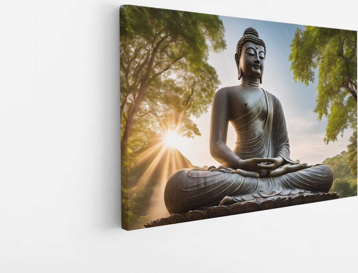 Saammp Canvas Schilderij - Boeddha bij Zonsopkomst - Landschap - 90x60 - Foto op canvas - Wanddecoratie - Muurdecoratie Woonkamer - Canvas schilderijen Multicolor