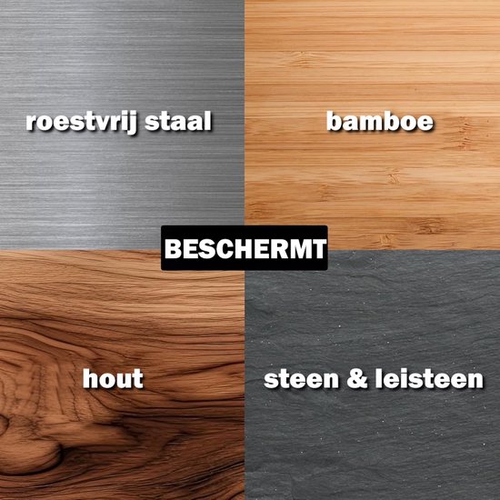 Vier vlakken: roestvrij staal, bamboe, hout en steen/leisteen. Het midden toont 'beschermt'.