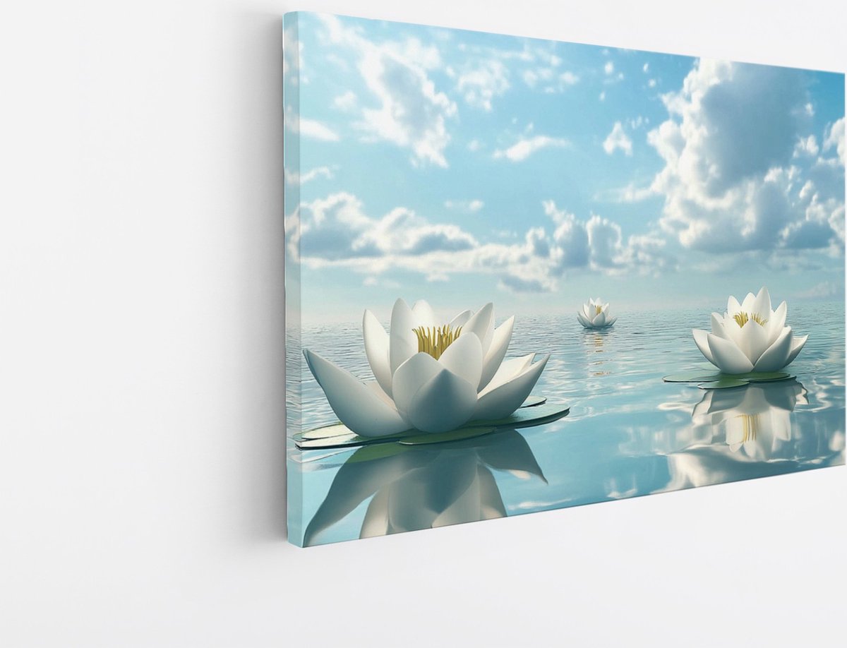 Saammp Canvas Schilderij - Natuur - 2 Witte Lotusbloemen - landschap - 100x75 - Foto op canvas - Wanddecoratie - Muurdecoratie Woonkamer - Slaapkamer decoratie - Canvas Print Multicolor