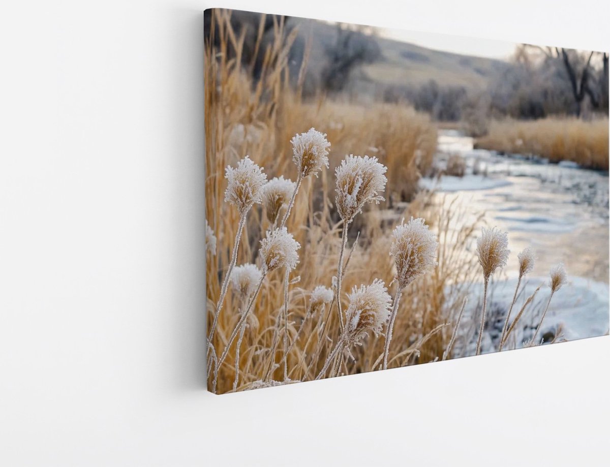 Saammp Canvas Schilderij - bevroren struisriet - Natuur - Landschap - 100x75 - Foto op canvas - Wanddecoratie - Muurdecoratie Woonkamer - Slaapkamer decoratie - Canvas Print Multicolor