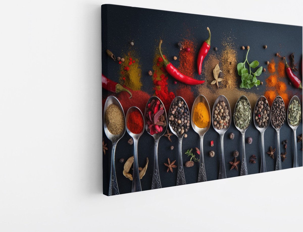 Saammp Canvas Schilderij - Lepels met specerijen - 100x75 - Foto op canvas - Wanddecoratie - Muurdecoratie keuken - Slaapkamer decoratie - Canvas Print Multicolor