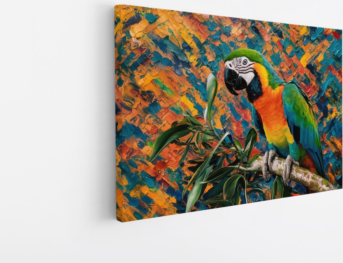 Saammp Canvas Schilderij - papegaai op tak - Dieren - Bloemen - 70x50 - Foto op canvas - Wanddecoratie - muurdecoratie Woonkamer - Slaapkamer decoratie - Canvas Print Multicolor