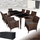 tectake®- Wicker tuinset - 8 stoelen, 1 tafel met glasplaten - Incl. beschermhoes en 2 sets kussenhoezen - Afm. tafel ca. 190x90x75 (LxBxH) - Bruin