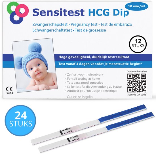 Sensitest Zwangerschapstest Dipstick – 24 stuks – 10 mIU/ml – Test vanaf 6 dagen vóór menstruatie – Uitslag in 5 minuten – Inclusief handleiding & zwangerschapskalender