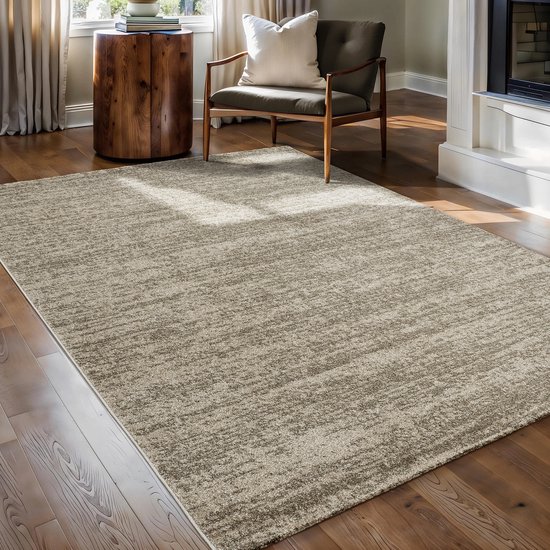 Un tapis beige à poils courts avec un motif subtil chiné ressemblant à des rayures, dans un coin salon avec fauteuil et cheminée.