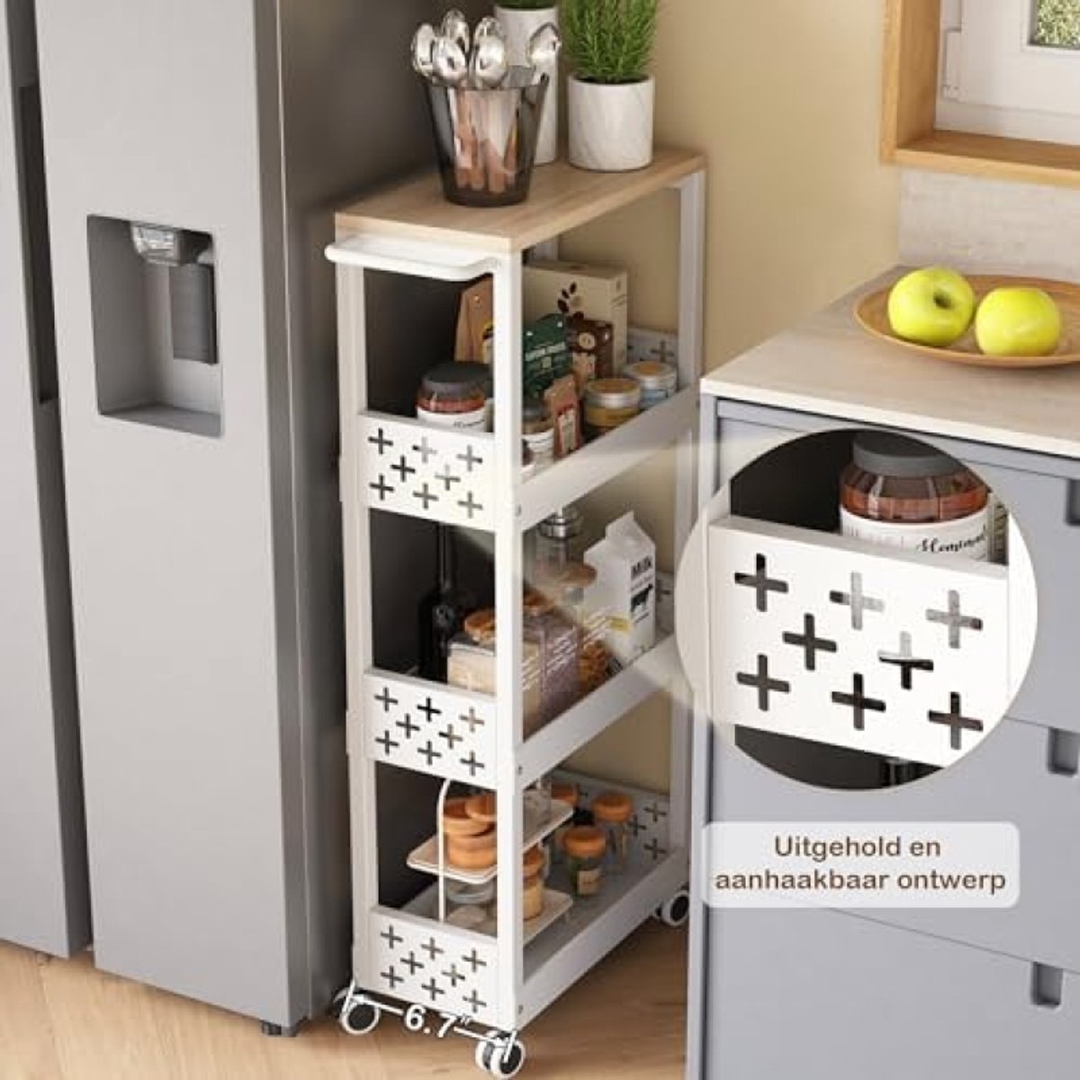 VASAGLE LRC034B01 Trolley met 5 niveaus, smalle keukentrolley op wielen, staal, met handgreep, voor kleine ruimtes, keuken, badkamer, woonkamer