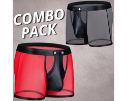 LekkerStout 2-Pack Heren Boxershorts met Open Kruis - Zwart/Rood - Laklook en Mesh - Maat L | LS266