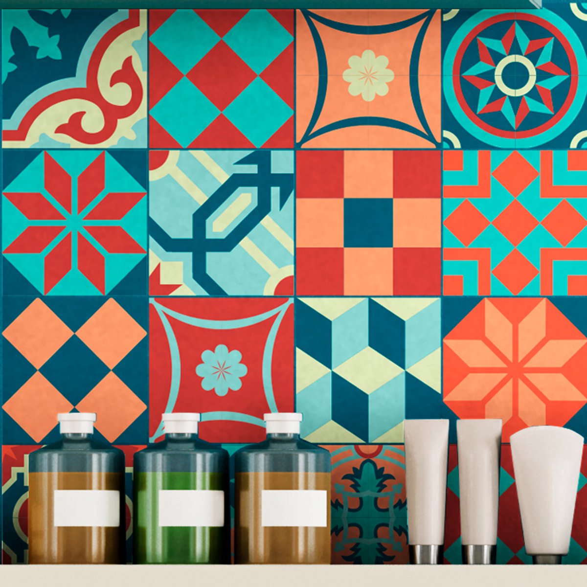 Ambiance Sticker Zelfklevende tegelmuurstickers voor keuken en badkamer - 16 kleurrijke tegels in vintage stijl (azulejo) - 16 stickers van 15x15 cm Multi color