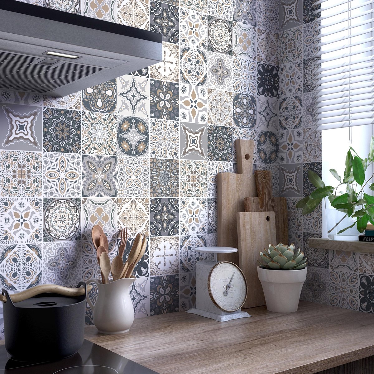 Ambiance Sticker Tegelstickers voor de muur in keuken en badkamer - 9 cementtegelstickers, Azulejos Orfeo-stijl - 9 stickers, 20x20 cm Multi color