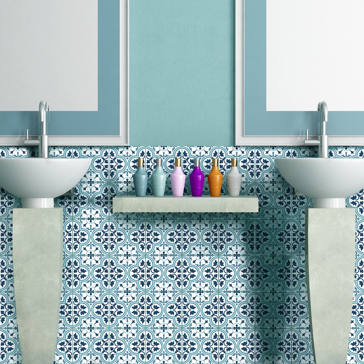 Ambiance Sticker Zelfklevende tegelmuurstickers voor keuken en badkamer - 60 cementtegelstickers, Azulejos Loreto-stijl - 60 stickers, 10x10 cm Multi color