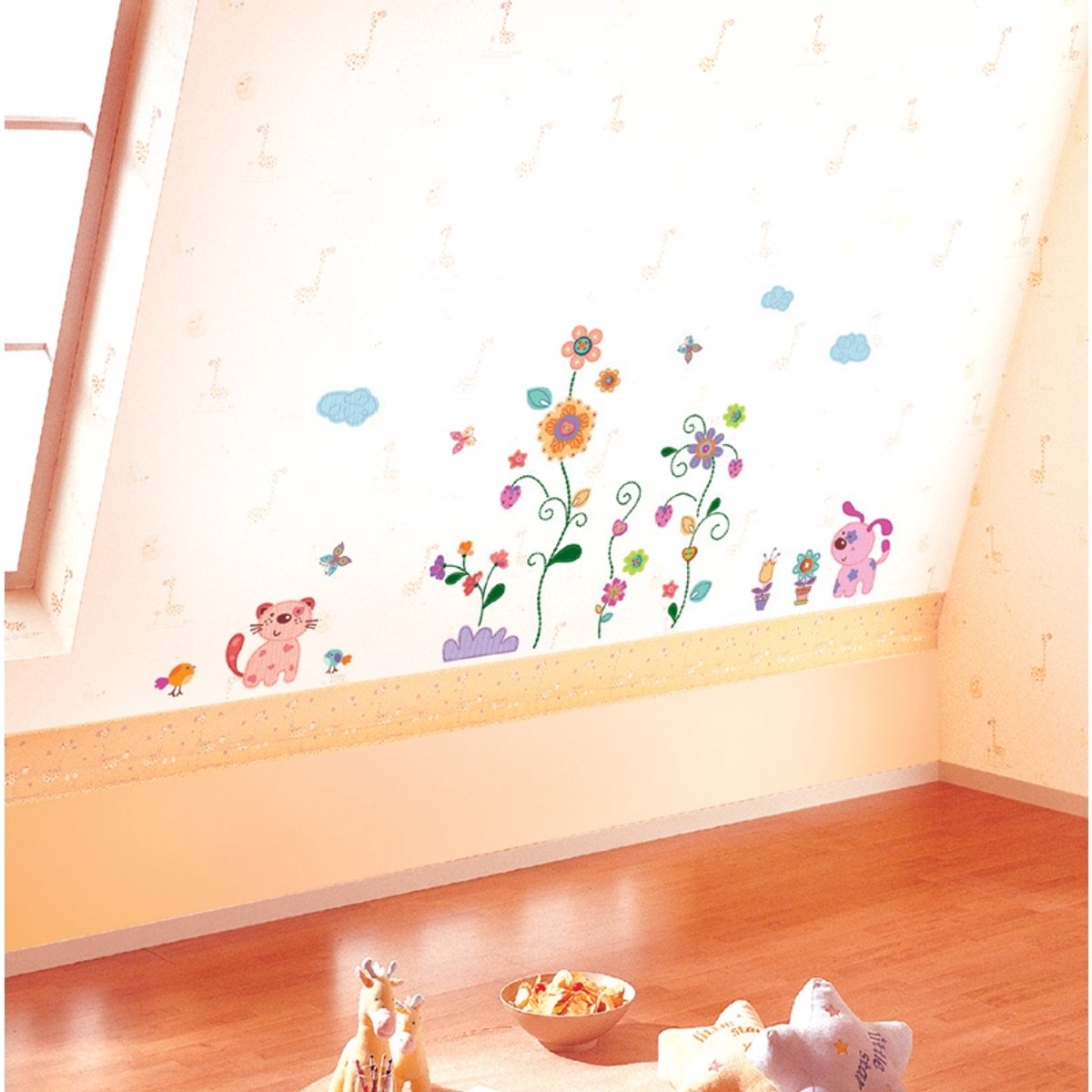 Decoratieve muurstickers met bloemen en puppy's.