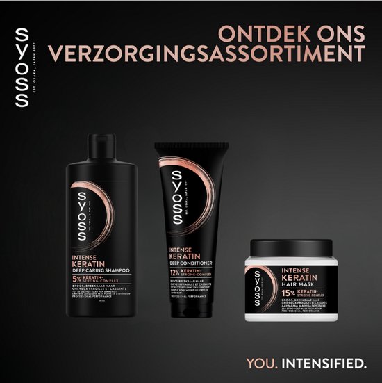 Zwarte Syoss Intense Keratin Deep Caring Shampoo fles, tube en pot op zwarte achtergrond.
