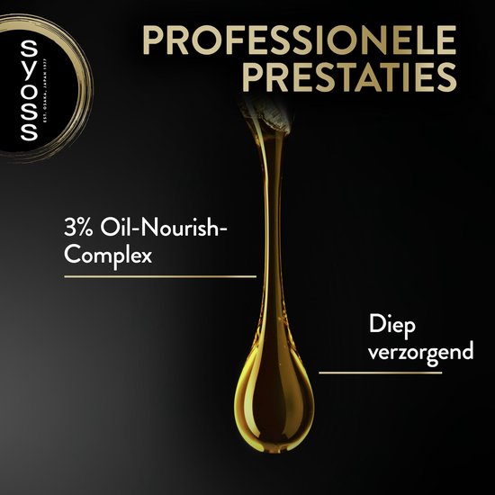 Een druppel van 3% Oil-Nourish-Complex shampoo, met tekst over 'Diep verzorgend'.