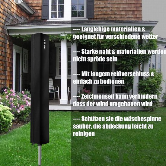 VANSHEIM Beschermhoes droogmolen tuin, afdekking buiten, draaibare telescoopstang, ritssluiting, zonwering, waterdicht, 170 x 32 cm