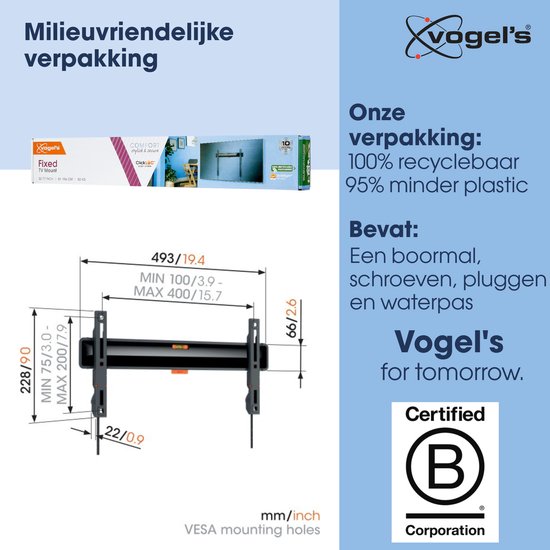 Afmetingen van een tv-beugel met waterpas, met VESA montagegaten.