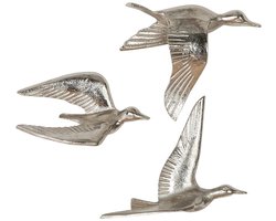 Gilde Handwerk - Wandobjecten - Beelden - Vogels - Set van 3 - Aluminium - Zilverkleur - 5x20x16cm