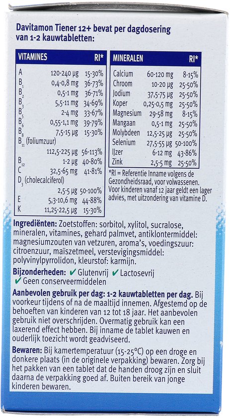 Davitamon Tiener 12+ bevat per dagdosering van 1-2 kauwtabletten: vitamines en mineralen.
