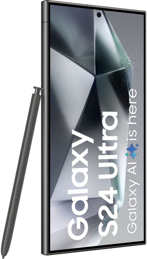 Donkergrijze Samsung Galaxy S24 Ultra met S Pen, met de tekst 'Galaxy S24 Ultra' op het scherm.