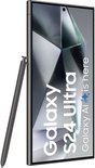 Donkergrijze Samsung Galaxy S24 Ultra met S Pen, met de tekst 'Galaxy S24 Ultra' op het scherm.