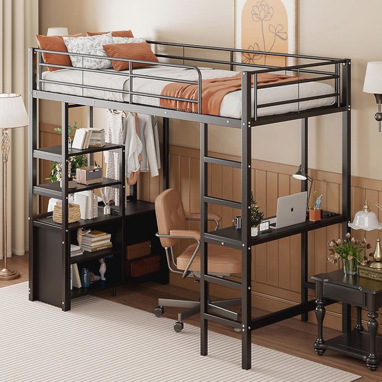 Kebnor Hoogslaper met veiligheidsladder en flexibel opbergvak, metalen bed, stapelbed voor volwassenen, kinderstapelbed (zwart, 90 x 200 cm