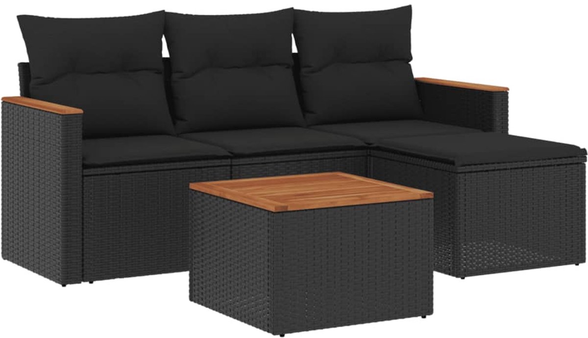 The Living Store 5-delige Loungeset met kussens poly rattan zwart - Loungeset - Tuinmeubels - Lounge Set - PE-rattan - Zwarte Loungebank