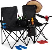 Relaxdays dubbele campingstoel - strandstoel - klapstoel - kampeerstoel - bekerhouder - zwart