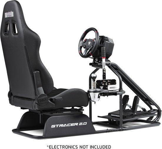 Zwarte GTRacer 2.0 cockpit met verstelbare stoel, stuur, pedalen en handremsteun. Elektronica niet inbegrepen.