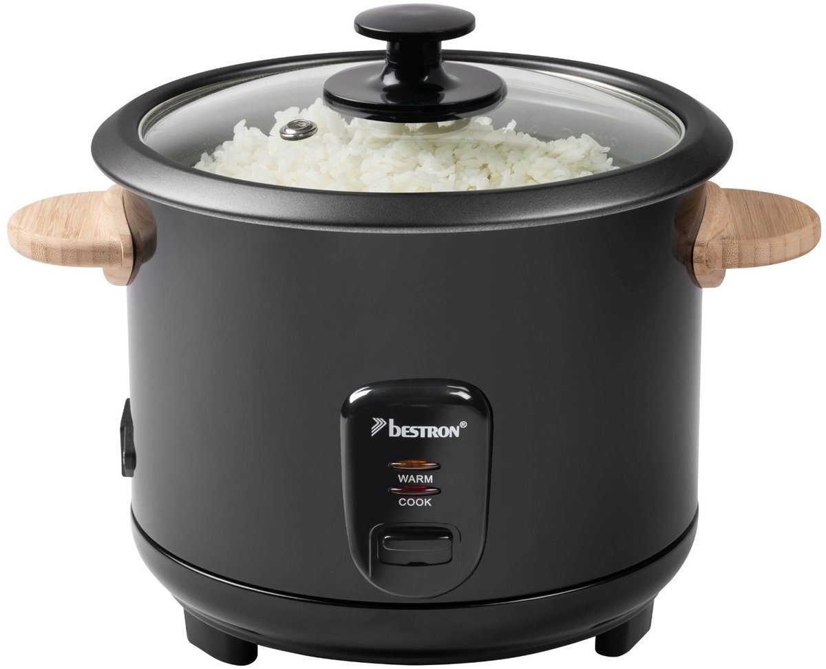 Bestron Rijstkoker voor 8-10 Personen, inclusief maatbeker en rijstlepel, met antianbaklaag & indicatielampje, onderdelen vaatwasserbestendig, 1.8 Liter, 700W, kleur: zwart / hout