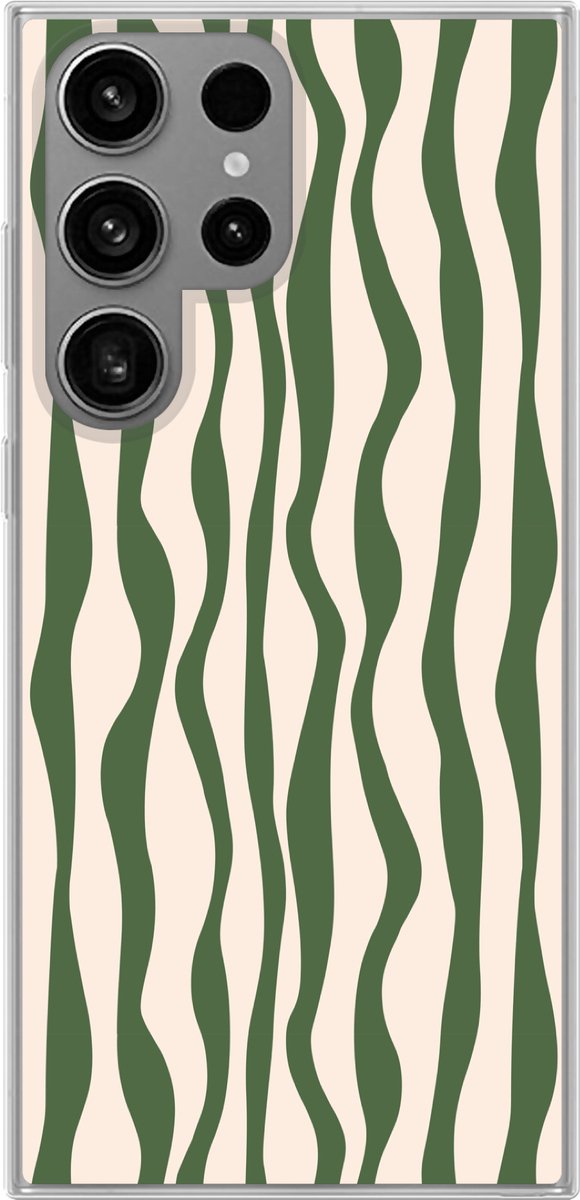 Telefoonhoesje Geschikt voor Samsung Galaxy S23 Ultra hoesje - Golvende lijnen - Beige - Groen - Strepen - Abstract - Siliconen Telefoonhoesje Telefoonhoesje